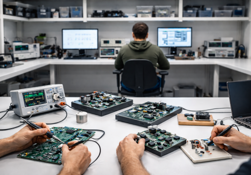 Ingenieros en laboratorio de electrónica